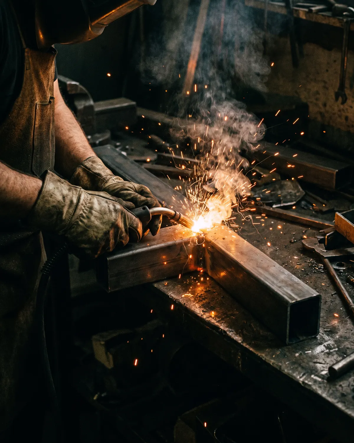 Metallbauer beim Schweißen, Funken sprühen