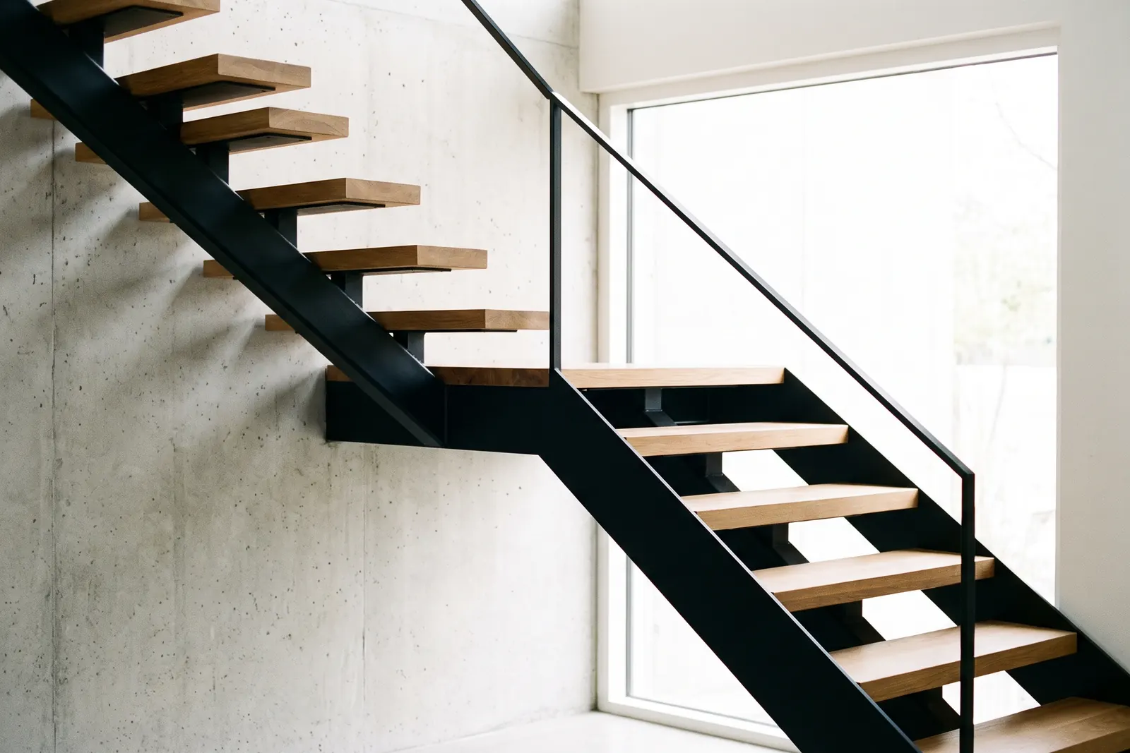 Treppe mit schwarzen Stahlwangen und Eichenstufen